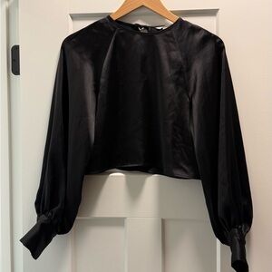 H&M Black Satin Balloon-Sleeve Crop Top